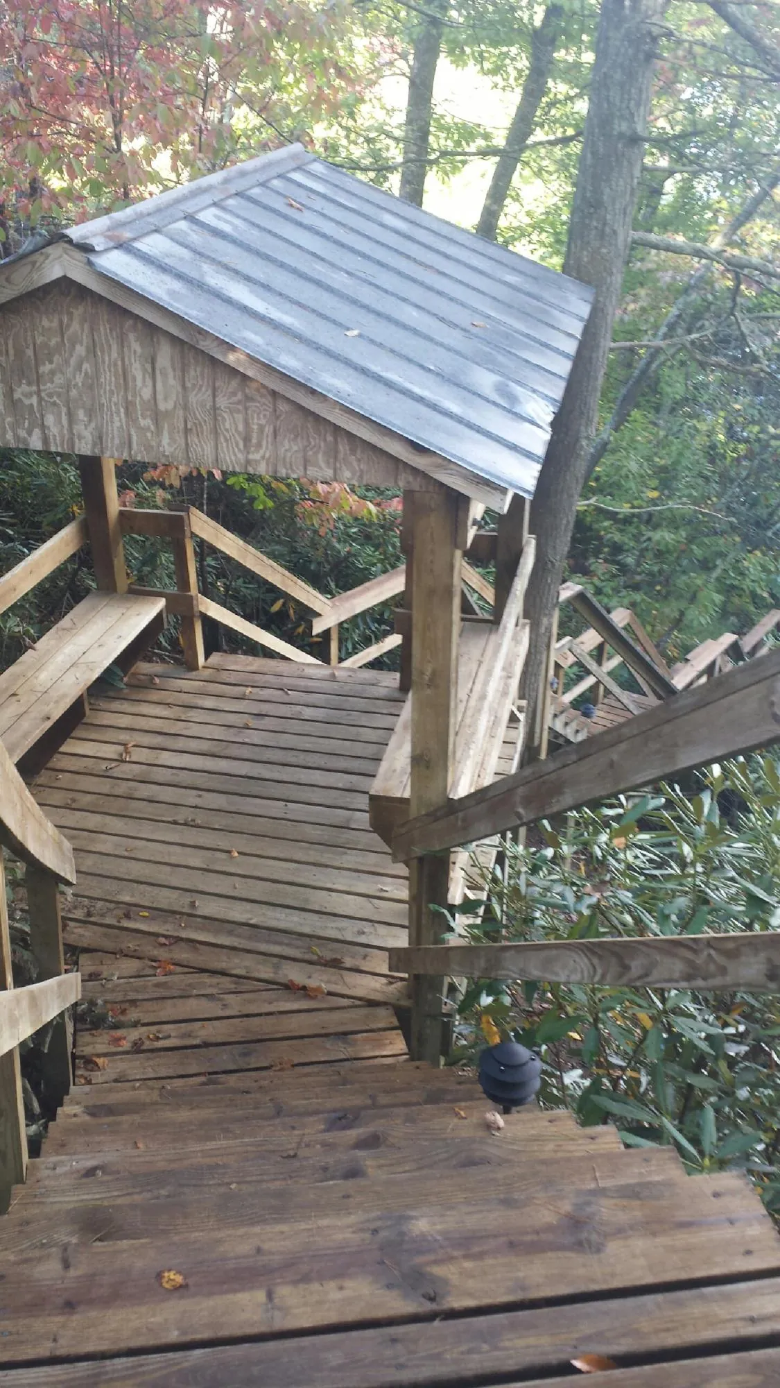 Metal roofed shelter over wooden steps on a wooded walkway — Skylight Repair & Installation work by our crew in Clarendon